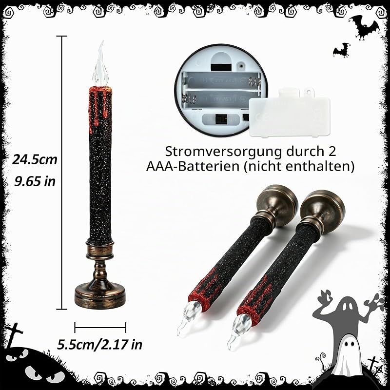 2 Stück Halloween LED Kerzen 24.5cm LED Kerze Halloween Candle Batteriebetrieben Blutkerzen Deko Stabkerzen Schwarz für Partys, Geschenk, Hausdekoration