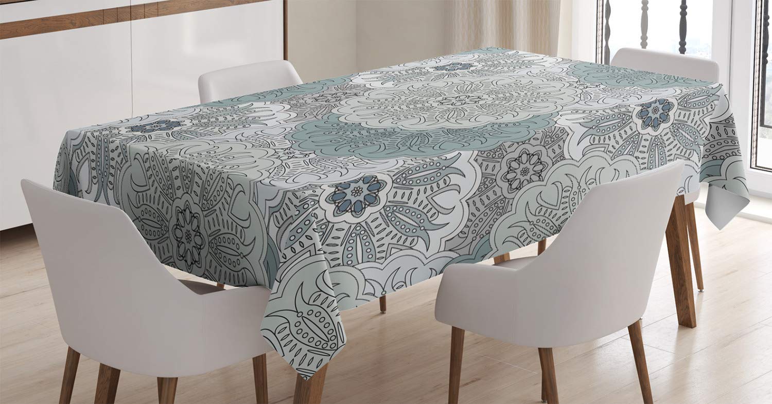 ABAKUHAUS Grey Tablecloth, Tile Art Mandala with Oriental Touch Eastern Style Motif, Dining Room Kitchen Table Cover, 54" x 94", Blue