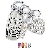 Nomiyo Key Fob Cover with Diamond Bling Keychain for Women, Compatible with Ford Fusion Escape Expedition Explorer Edge F150 F250 F350 etc, TPU Key Case and Elegant Heart Key Chain (Silver, 1PCS)