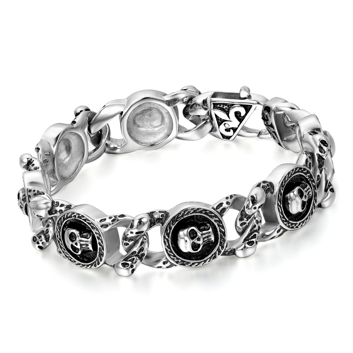 Cupimatch Mens Heavy Gothic 18MM Wide Biker Silver Tone Stainless Steel Motorcycle Chain Bracelet 9.1" (8.7 Skull) for Fathers Day