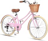 Glerc 24 Inch Girls Cruiser Bike 6-Speed Pink with Wicker Basket