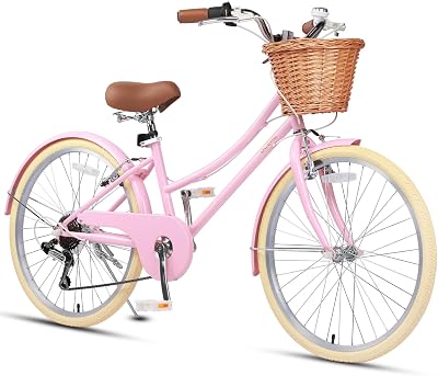 Glerc 24 Inch Girls Cruiser Bike 6-Speed Pink with Wicker Basket