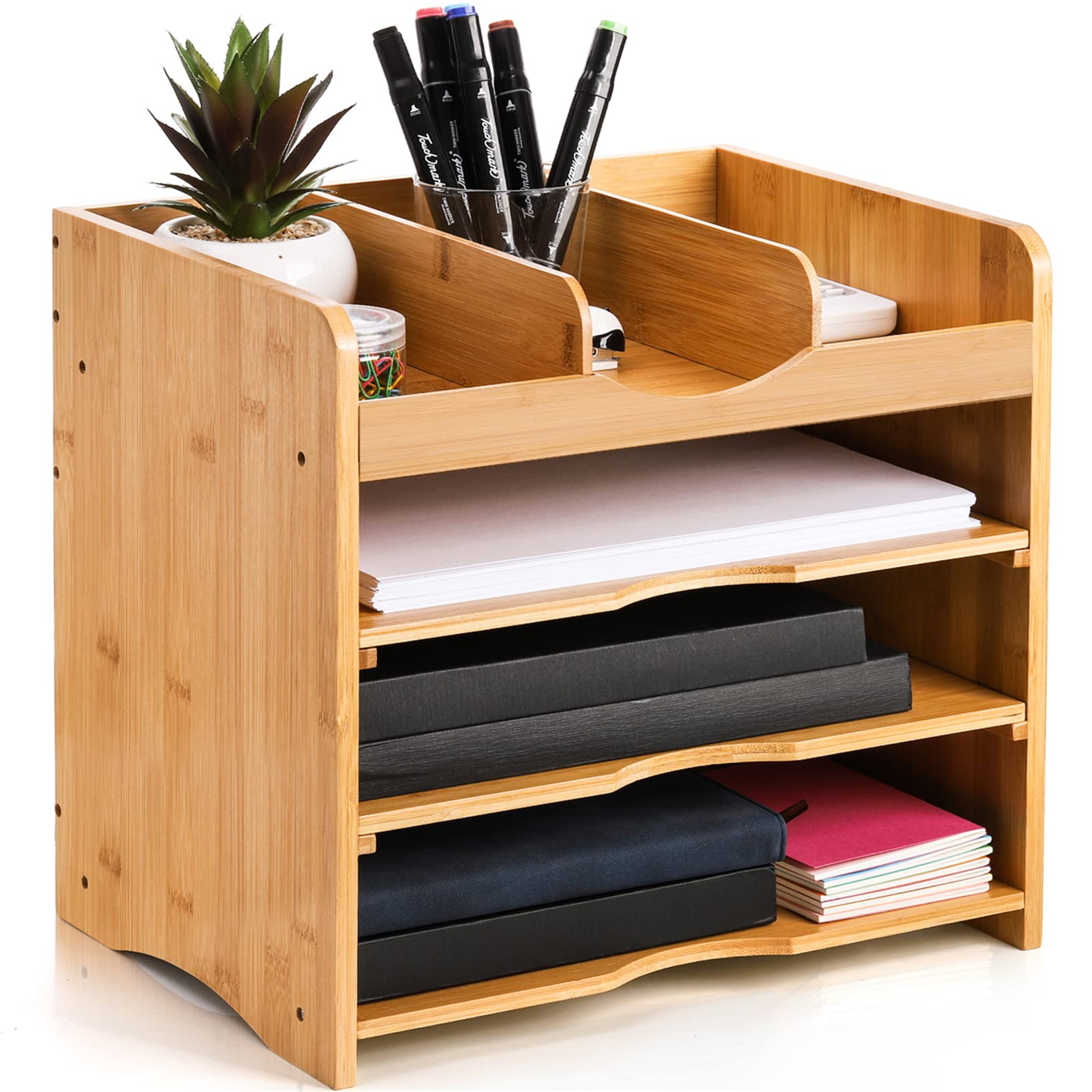 Photo 1 of DEAYOU Bamboo Desk File Organizer, 13" Document Letter Tray Sorter with 2 Adjustable Shelves, 4 Tier Mail Organizer Countertop, Paper Storage Holder Box Cubby for Magazine, Office, Home, School