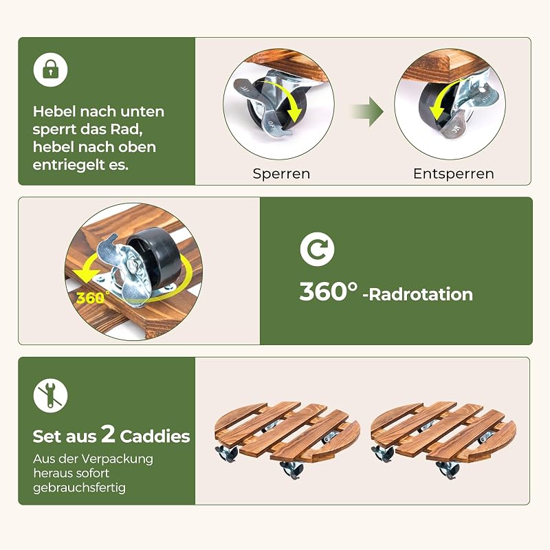 Pflanzenroller Holz Rund 2er Set – stabiler Pflanzenroller Outdoor wetterfest mit Bremse, Blumentopf Untersetzer mit Rollen Ø 30.5 cm, Pflanzenuntersetzer mit Rollen für Innen & Außen