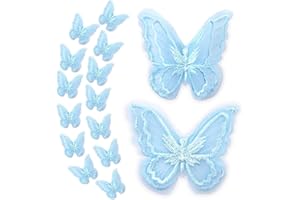 VSHINIC 16pcs Butterfly Lace Trim, Butterfly Decor Applique Patches,Double Layers Organza Butterfly Lace Fabric Embroidery Sewing Lace DIY for Wedding Bride Hair Dress Hat Accessories(Blue)