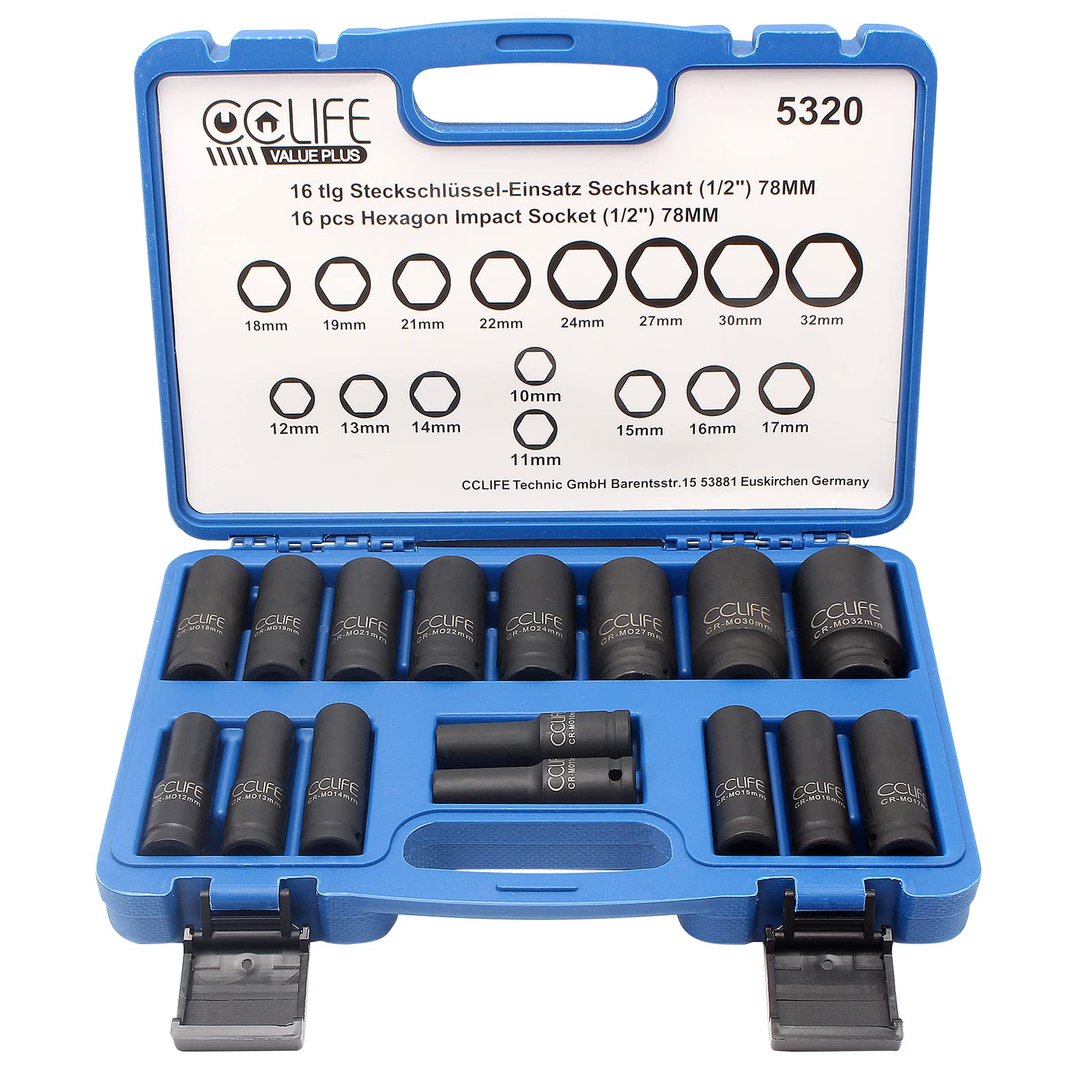 CCLIFE 16 PCS 1/2' Deep Impact Socket Set Cr-Mo Deep Impact Socket Tool Set 10-32MM