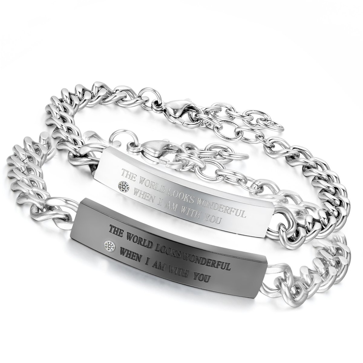Flongo Couples 2PCS The World Looks Wonderful When i am with You Stainless Steel Wedding Valentine Gift Link Bracelet, Christmas New Year Gift Bracelet Set