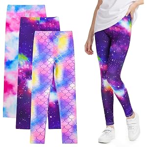Hexalyao 3/4Pack Girls Leggings, Active Pants, Mermaid Galaxy Tie Dye Prints, Everyday School Play Pants, Size 4-13