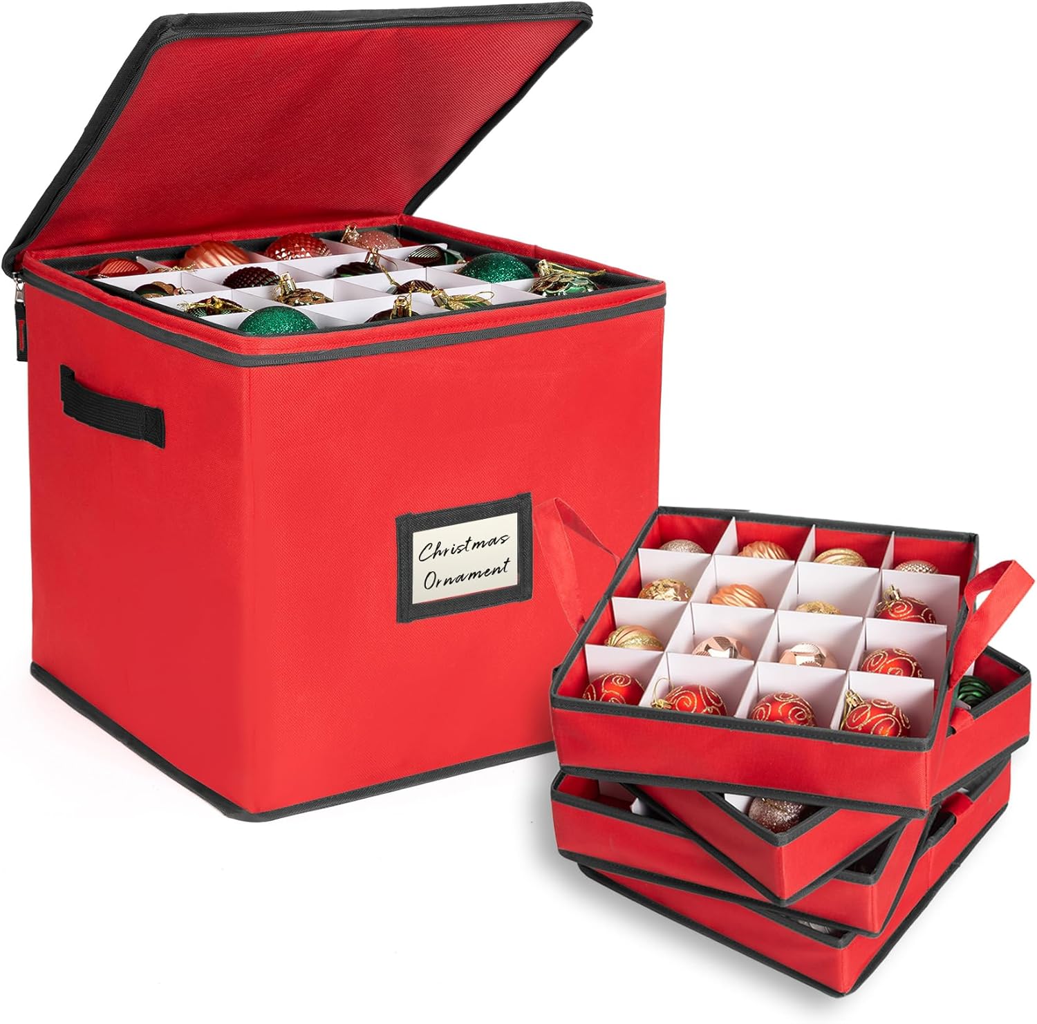 Holiday Décor Storage - Ciseret Christmas Ornament Storage Containers Box Holiday Decoration Organizer, Christmas Ball Accessories Holder with Adjustable Dividers, 4 Removable Trays, Zippered Closure, 600D Oxford 13x13x13.39