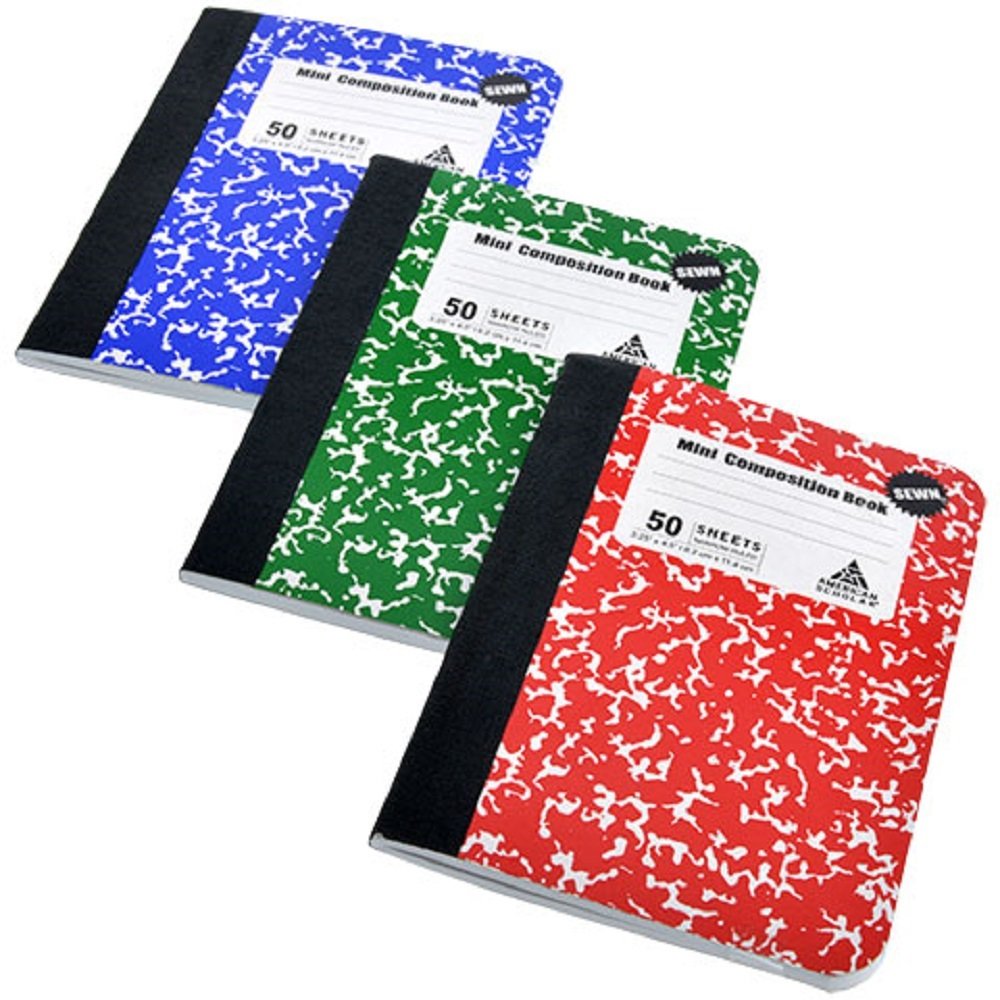 Mini Marble Composition Books, Thread Bound Notebooks, Red, Blue and