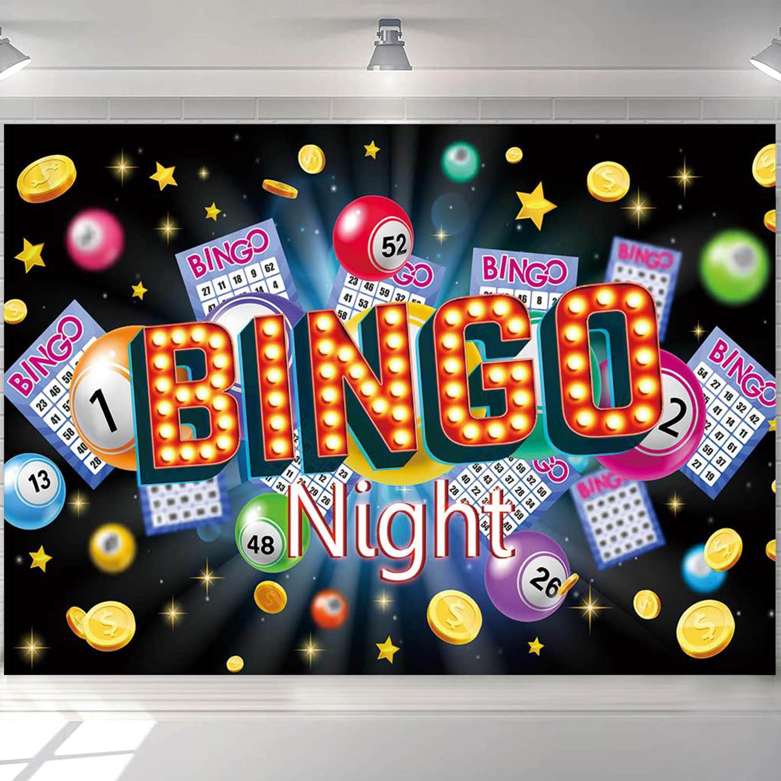 Photo 1 of Mocsicka Bingo Night Backdrop Banner Billiards Winning Ball Gold Coins Game Time Party Supplies Background Cake Table Decoration Photography Backdrop