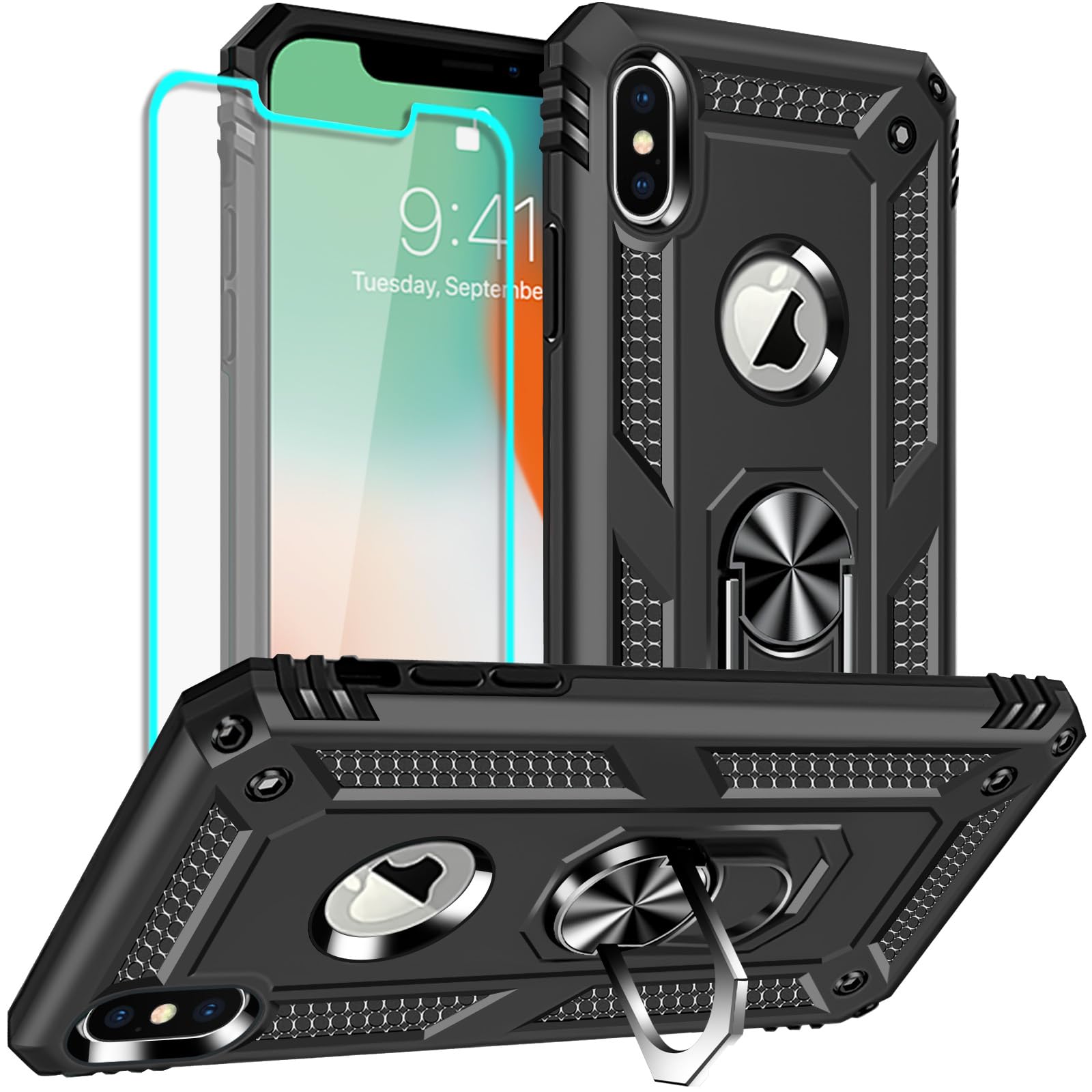 for iPhone X Case, iPhone Xs Case with Screen Protector, Silicone Shockproof Military Grade Protective Phone Cover with Ring Kickstand for Apple iPhone X/Xs (Black)