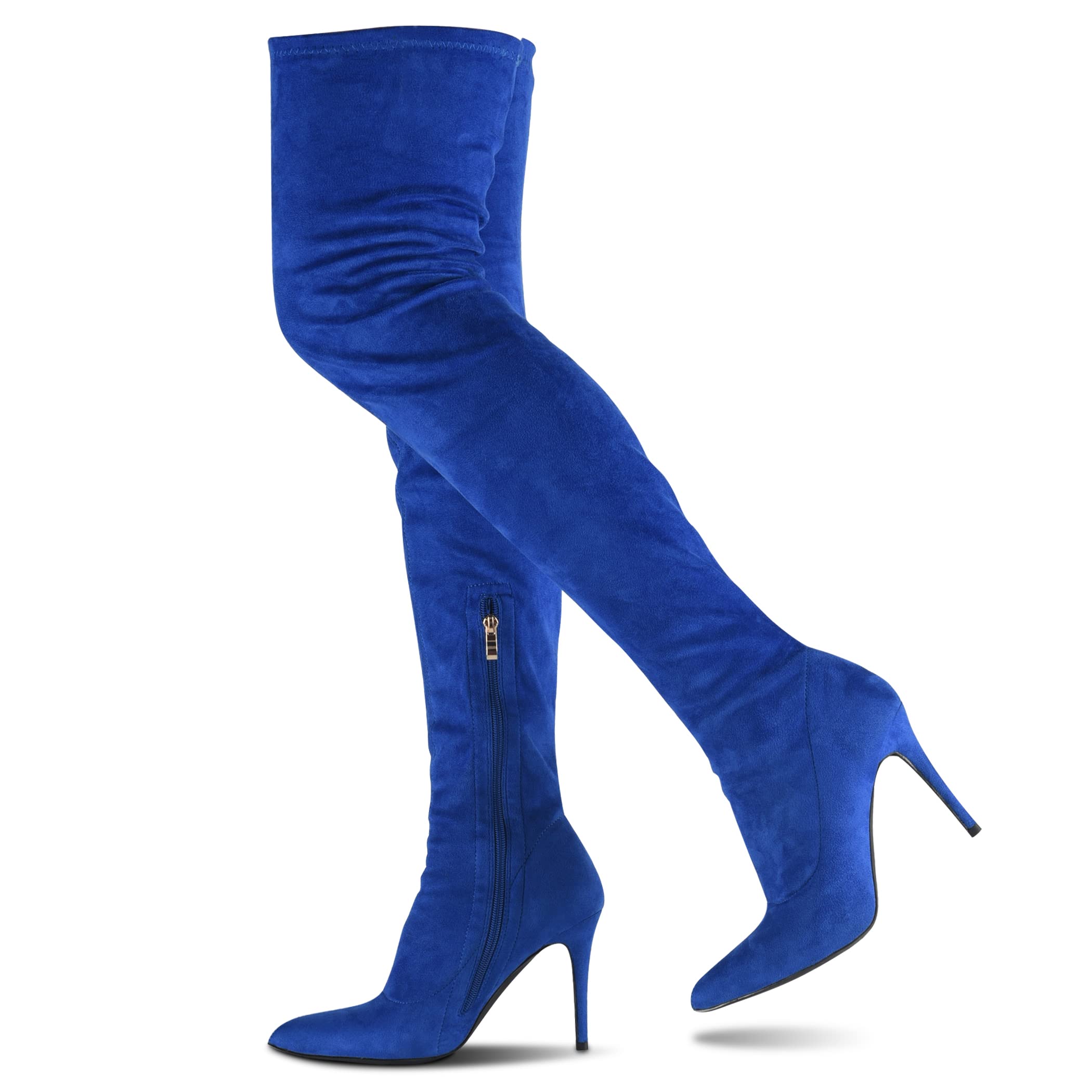 Photo 1 of CAMSSOO Thigh High Boots Pointed Toe Tall Blue Boots for Women Suede Side Zip High Heels Knee High Boots Stiletto Heel Over The Knee Boots Size 9 to 9.5