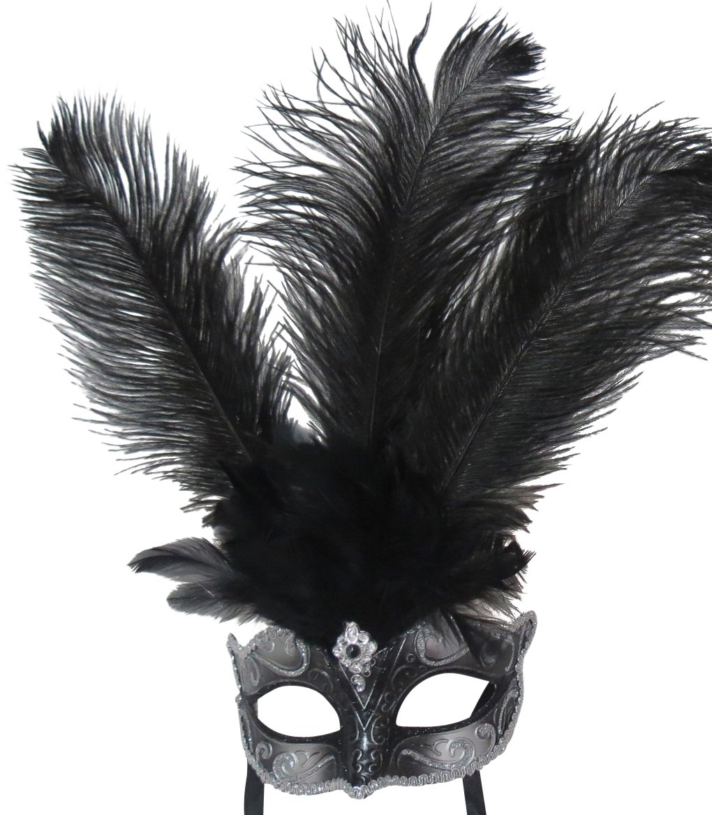 Ladies Quality Black & Silver Long Feather Venetian Masquerade Carnival Party Ball Eye Mask