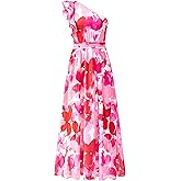 BTFBM Women Summer One Shoulder Floral Wedding Guest Dresses Sleeveless Smocked Ruffle Flowy Beach Vacation Maxi Dress
