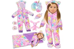 UZIDBTO American 18" Doll Clothes and Sleep Bag Accessories,Sleepover Outfit Set Fits 18 Inch Dolls Include Rainbow Costume,Unicorn Style Pillow,Eye Mask,Shoes,Animal Toy Gifts for Girls (No Doll)