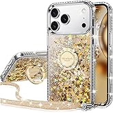 Silverback for iPhone 17 Pro Case, Moving Liquid Holographic Sparkle Glitter Case with Kickstand, Girls Women Bling Diamond Ring Protective Case for iPhone 17 Pro - Clear Gold
