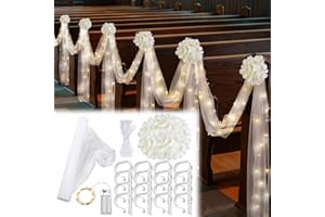 Riceshoot 37 Pcs Church Pew Wedding Decorations with Light White Fabric Tulle Silk Artificial Flower Pew Clips Wedding Aisle Decor for Party Church Ceremony Banquet Reception