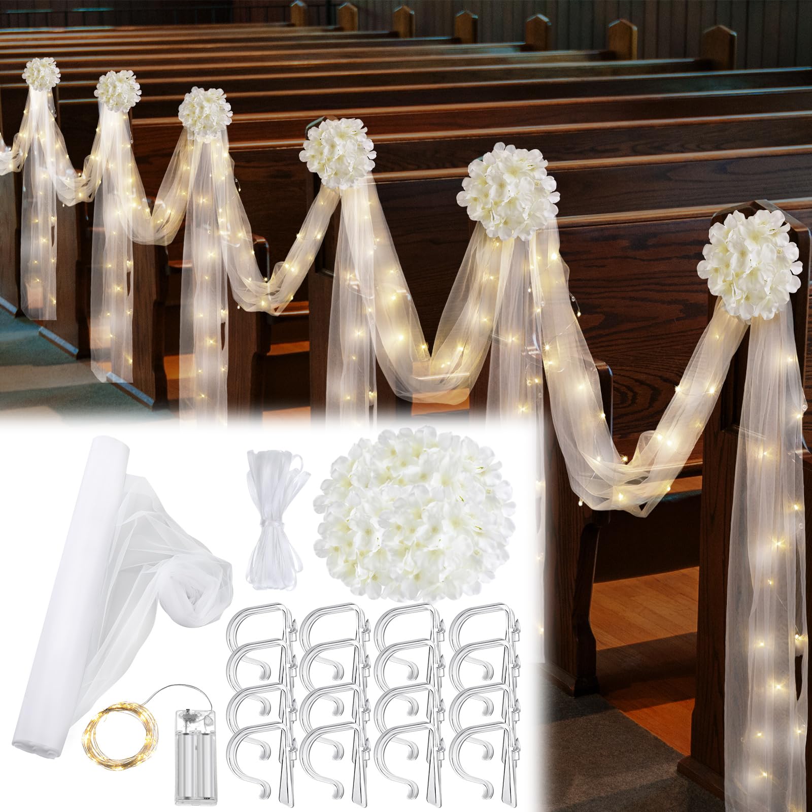 Photo 1 of Riceshoot 37 Pcs Church Pew Wedding Decorations with Light White Fabric Tulle Silk Artificial Flower Pew Clips Wedding Aisle Decor for Party Church Ceremony Banquet Reception