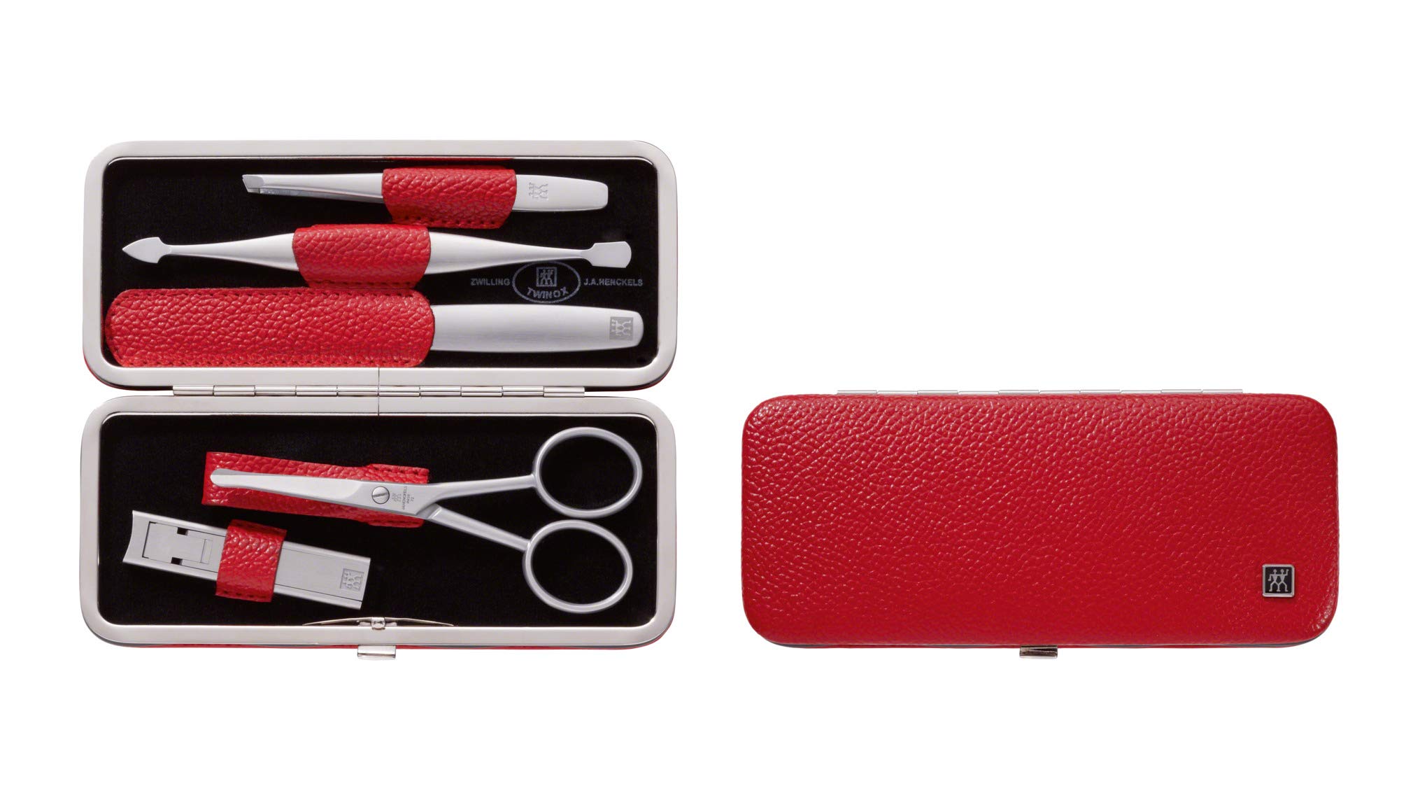 ZWILLING TWINOX Manicure Pedicure Set, 5 Pieces, Premium Stainless Steel Nail Set for Hands and Feet, Leather with Metal Frame, Red