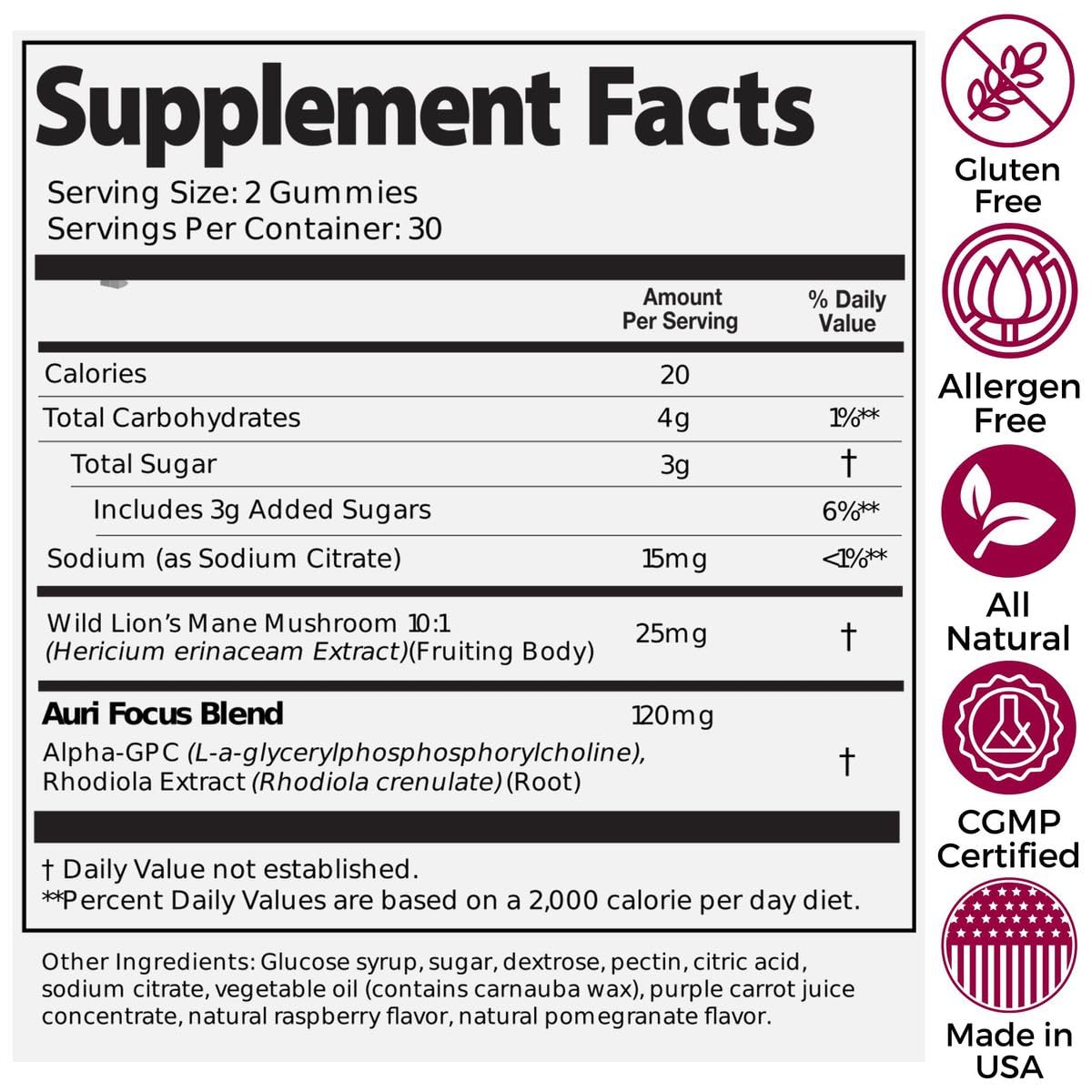 Auri Super Mushroom Focus Gummies - w/Lion's Mane, Alpha GPC & Rhodiola - Mushrooom Supplement to Support Cognitive Function, Mental Clarity, Focus & Energy | 60 Gummies, Vegan Friendly, Non GMOs