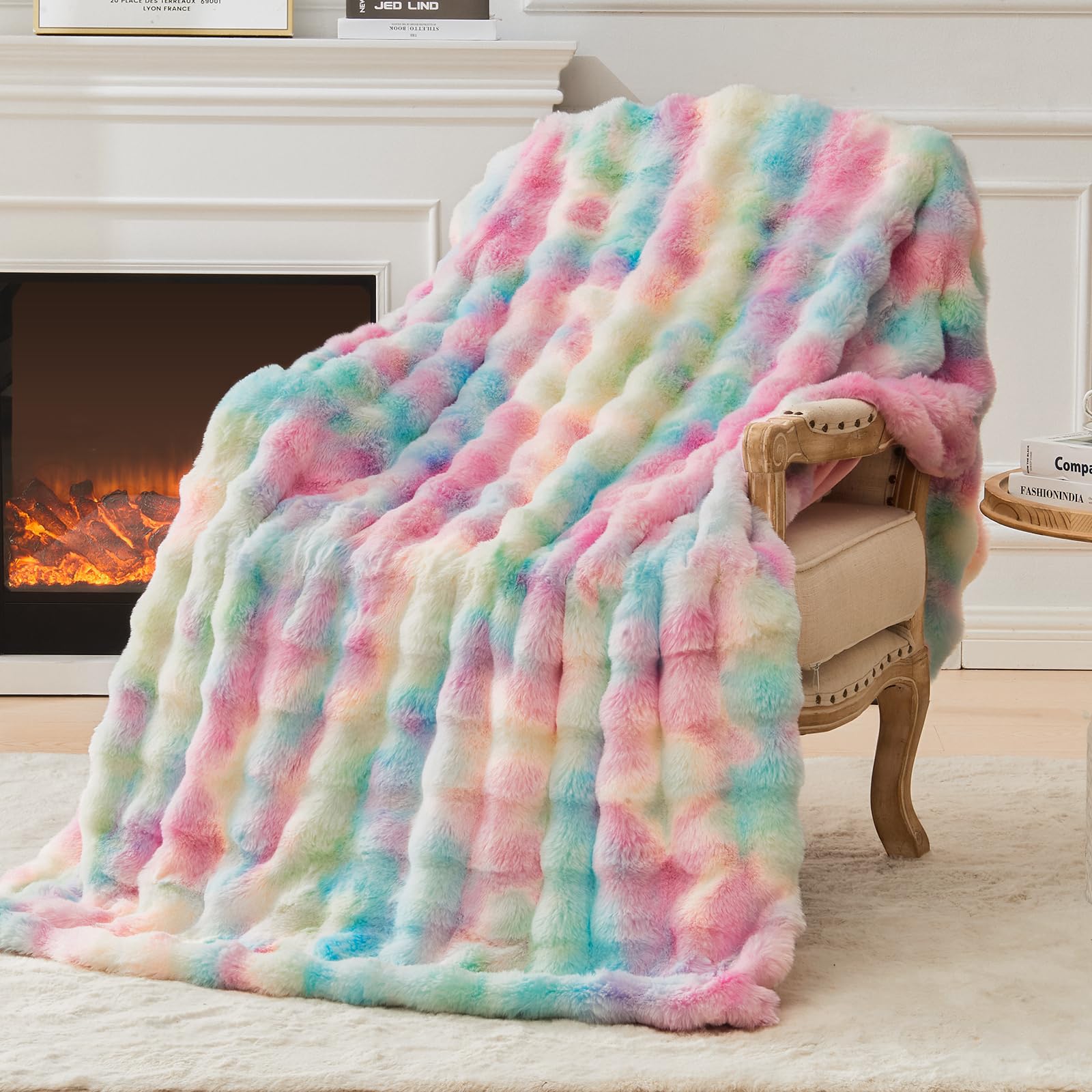 EMME Faux Fur Blanket King Size Rainbow - Big Bubble Rabbit Cozy Blanket for Couch, Thick Furry Plush Shaggy Blankets, 650GSM, 108x90 Inches Image