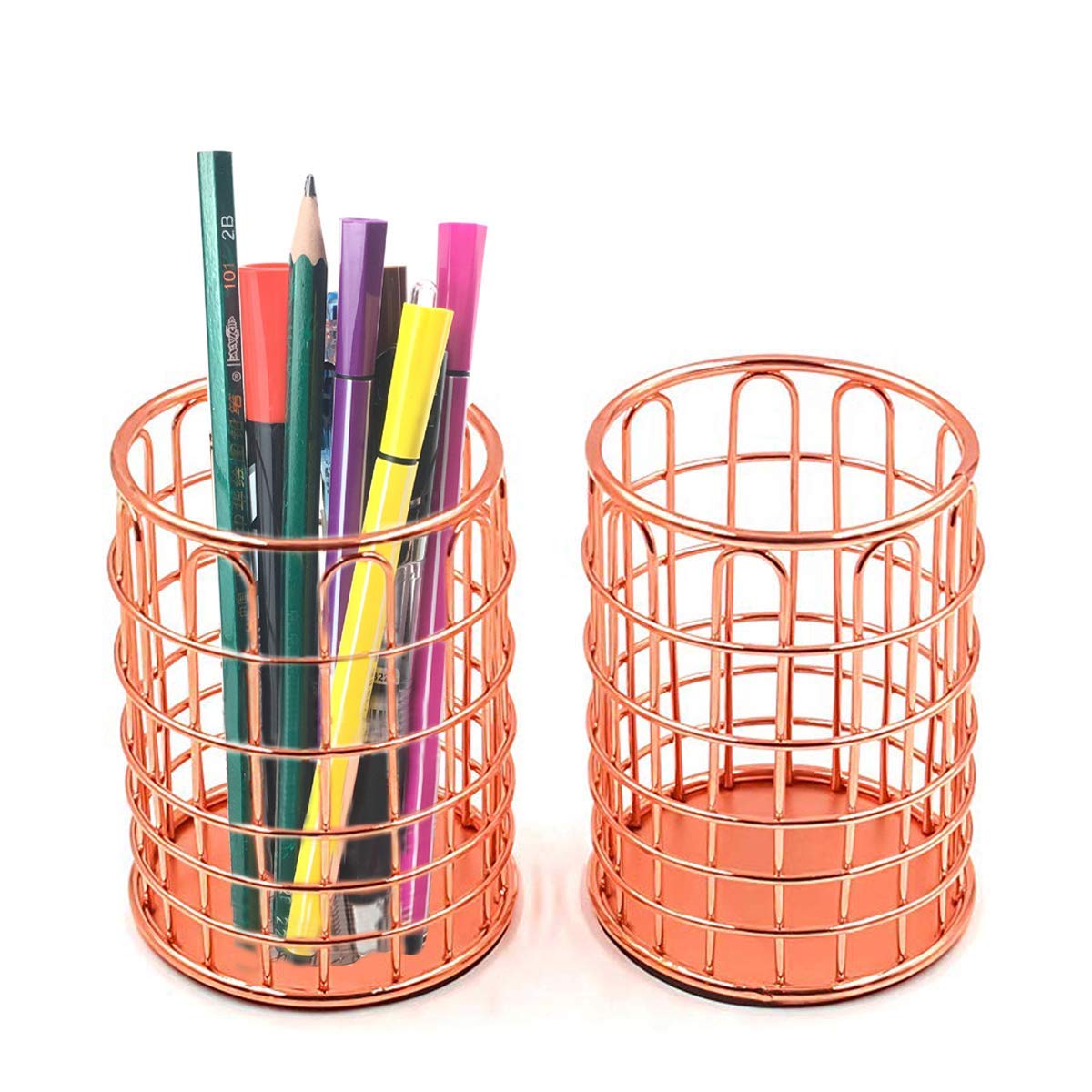 SACALA 2 Pack Metal Pencil Holders Pen Pot Organizers Makeup Brushes Holder for Desk Office, Rose Gold