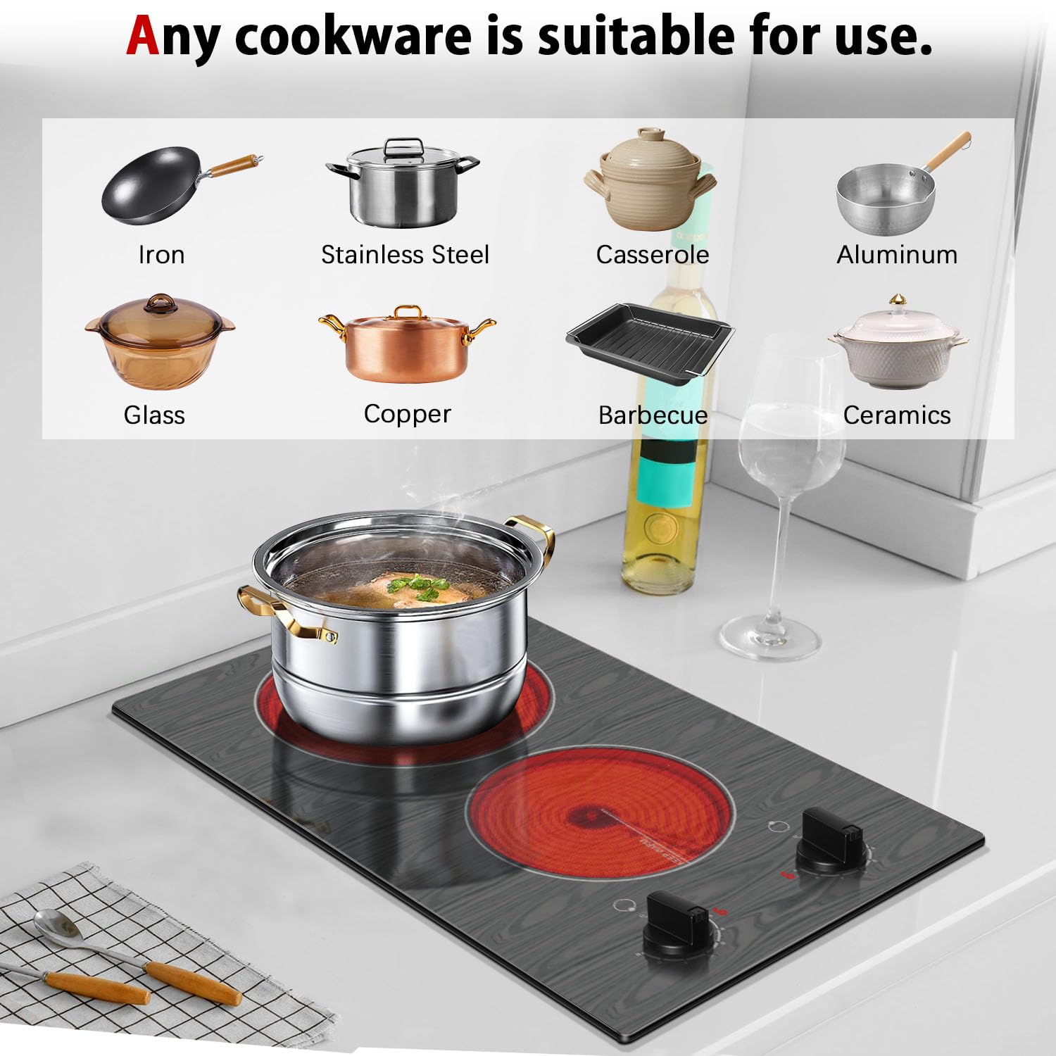 Karinear Electric Cooktop 2 Burners, 110v Portable Electri Stove Top with Knob, Glass Cooktop, Beautiful Woodgrain Pattern, Built-in and Countertop Electric Ceramic Cooktops, 12 Inch, 110v Outlet Plug