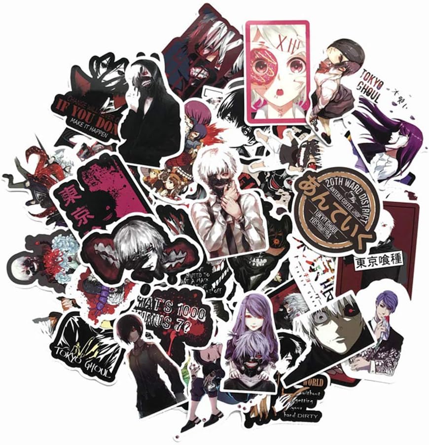 SosoJustgo2 60 Pcs Anime Sticker Gintama Demon Slayer Naruto My Hero College Dragon Ball Waterproof Laptop Bumper Stickers Decals Suitcase Car Skateboard Stickers(52 Pcs Tokyo Ghoul Style)