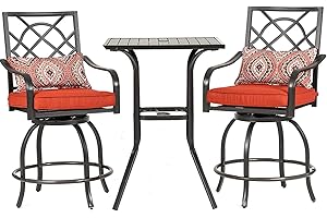 OAKCLOUD Oakmont 3 Pieces Outdoor Patio Metal Bar Set, 2 Metal Swivel Cushioned Chairs and 1 Classic Height Bistro Table, Backyard, Patio, Lawn, Garden, Black, Steel Slat