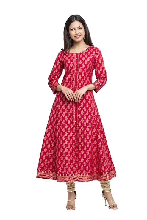 Women's Cotton Gold Print Anarkali Kurta (Pink)