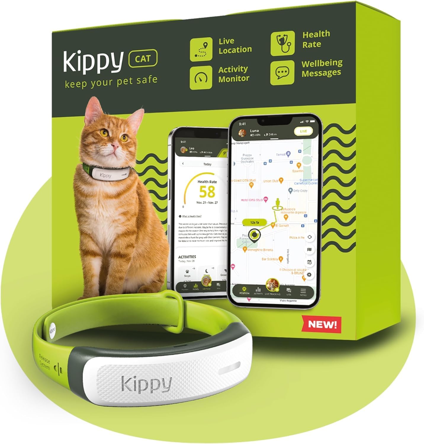 KIPPY - Cat GPS Tracker Kippy CAT Collar - Locator and Health & Activity Tracker - GPS Cat Collar with Anti-strangling System and Instant Alerts - Cat Tracker GPS with Virtual Boundaries