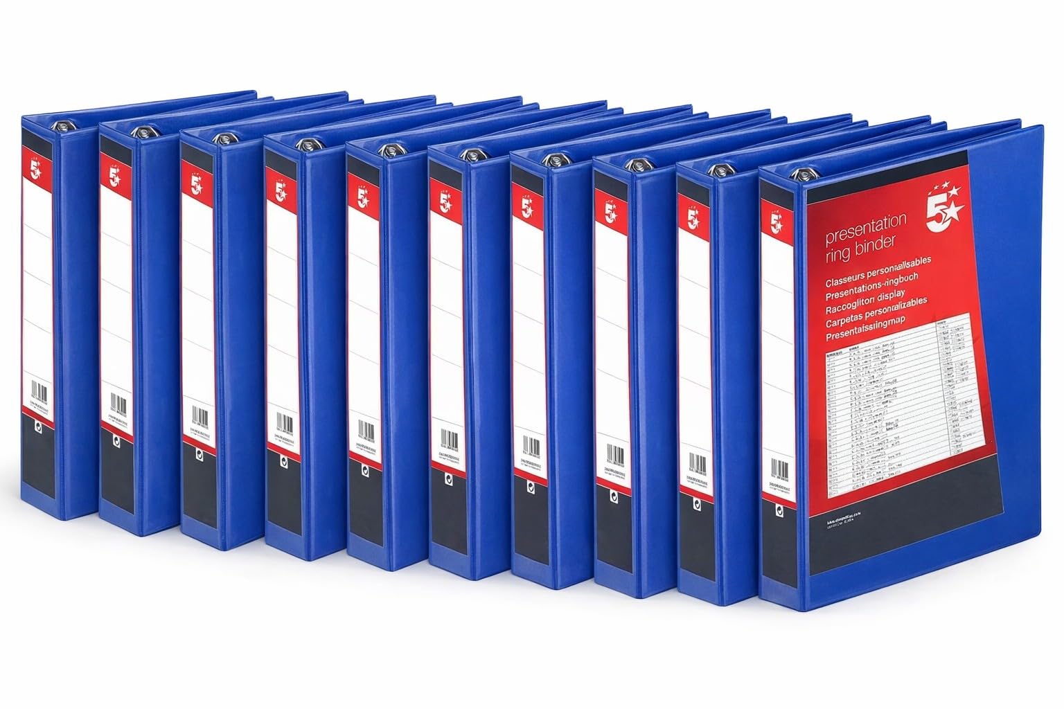 5 Star Office A4 Presentation Ring Binder (10 Pack) – 50mm 4D Rings, Blue Polypropylene Folder with Clear View Cover & Spine – Extra Wide for Punched Pockets