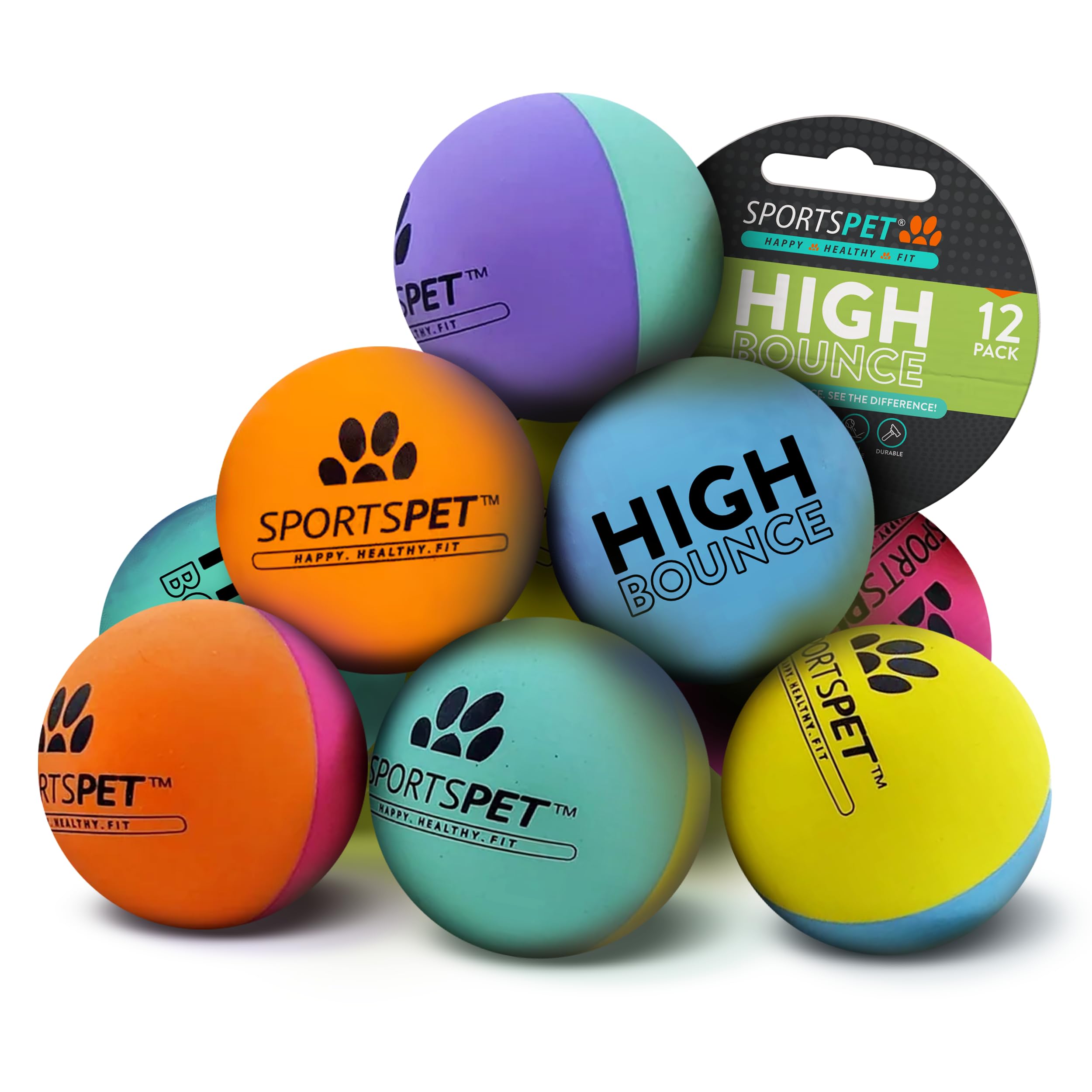 SPORTSPET High Bounce 12 PACK Dog Balls, Floating Throw and Fetch Toy for Dogs, Tough, Strong, and Durable Chew & Play Dog Toys, Safe Toy Balls for Dogs & Puppies, (60mm Dog Ball) — image 1
