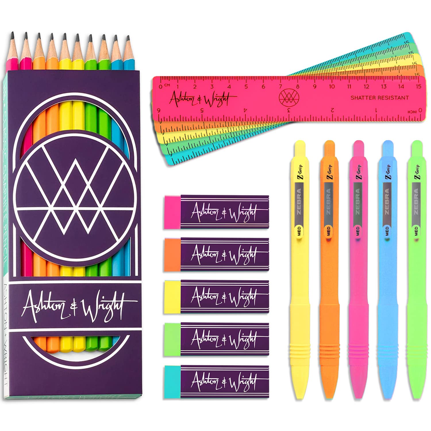 Ashton and Wright - Classic HB Pencils, 15cm Rulers, Erasers, Z-Grip Smooth - Neon Set of 25