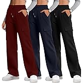 Velvelhall 3 Pack Women's Cargo Sweatpants Wide Leg Baggy Casual Athletic Pants Drawstring Lounge Joggers with 4 Pockets(Black, Navy Blue, Wine Red,Large)