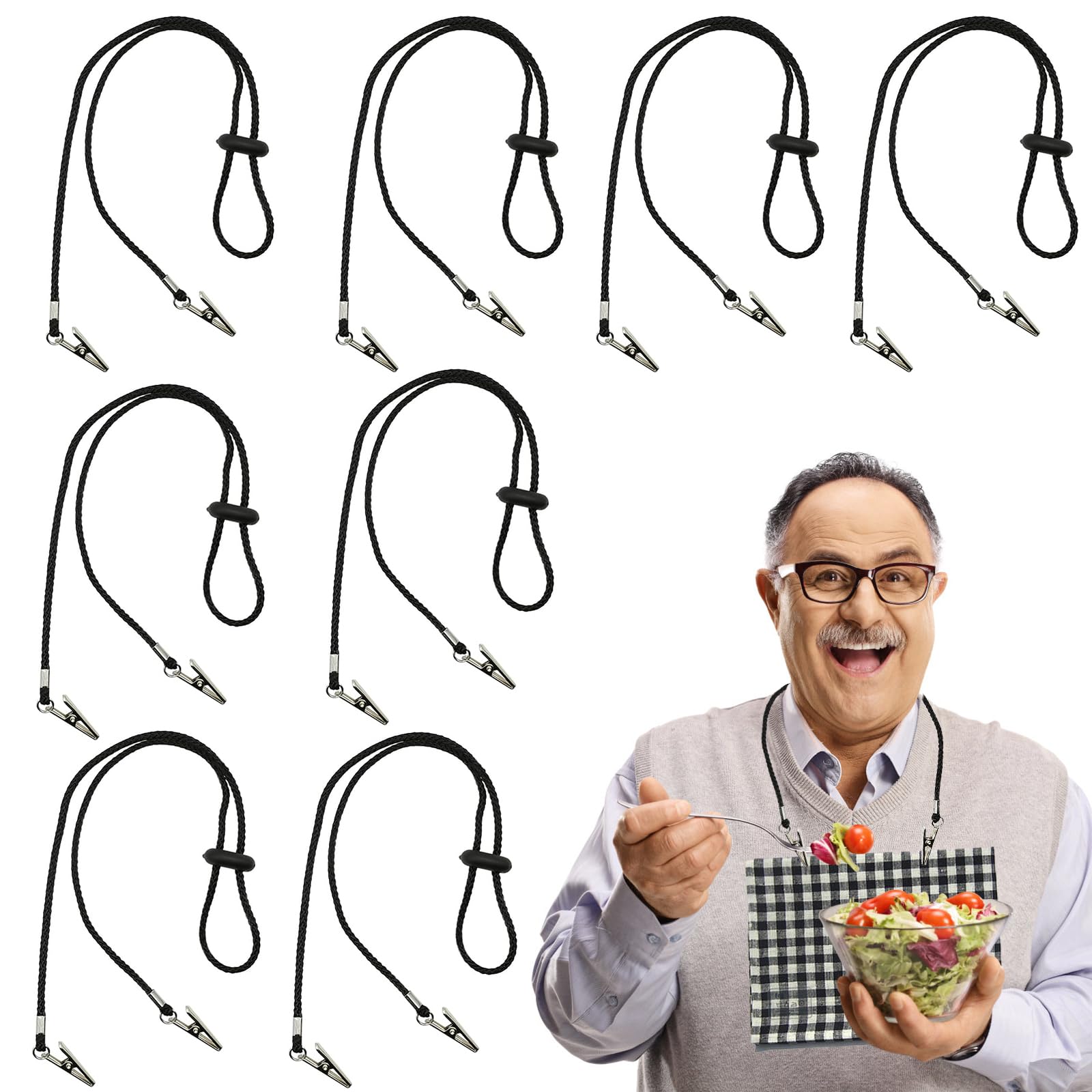 SwirlColor Napkin Clips 8pcs, 62cm/24.4in Adjustable Napkin Chains for Women Men Flexible Napkin Holders for Dining Restaurant - Black