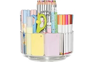 JIKIOU Acrylic Pen Holder, 360-Degree Rotating Pen Holder for Desk, Clear Desk Organizers and Accessories with 5 Compartments Pencil Organizer, Art Supply Storage Box Caddy for Office, Home