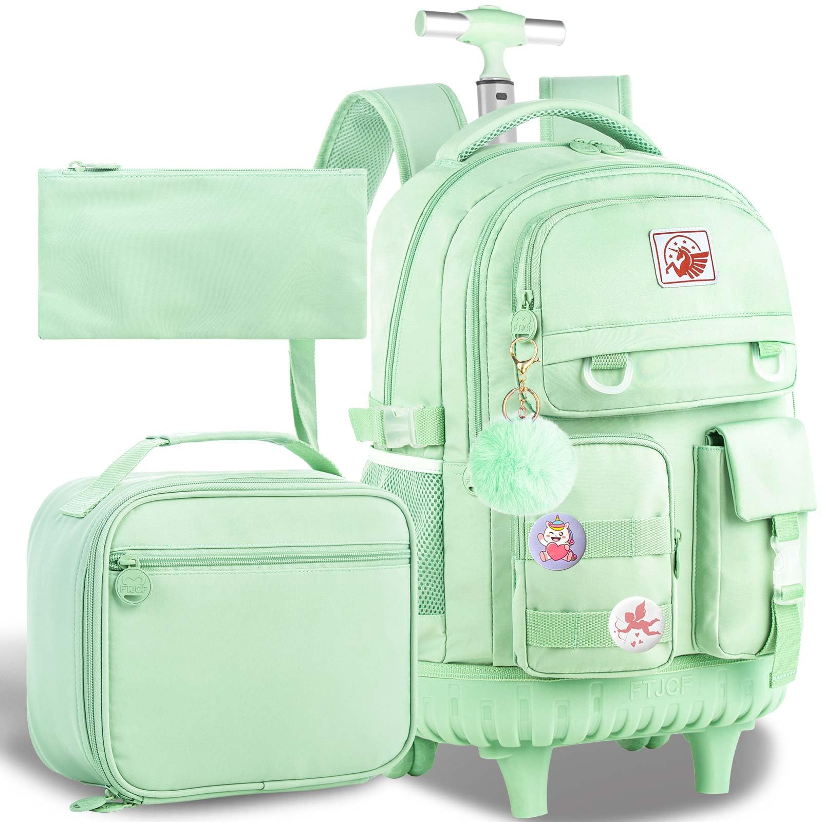 Photo 1 of CCJPX Rolling Backpack for Girls Women, 21 inch Roller Wheels School Bookbag, Wheeled Suitcase Backpacks with Lunch Bag for Teen - Green