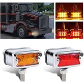Wodvyss 2Pcs Double Face Amber/Red Lens 12 LED Marker Lights Turn Signal w/Horizontal Visor, Dual Chrome Pedestal Lights, Bumper Lights Replacement for Peterbilt/Kenworth/Freightliner Trucks
