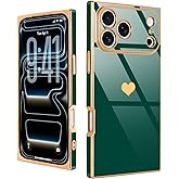 Urarssa for iPhone 17 Pro Case Rectangle for Women Girls Cute Love Heart Pattern Luxury Plating Gold Shockproof Raised Full Camera Lens Protection Cover Phone Case for iPhone 17 Pro, Green