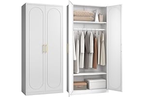 Polup Metal Wardrobe Cabinet for Hanging Clothes, 71" Tall Armoire Wardrobe Closet with Hanging Rod, White Clothing Storage Cabinet with Doors and Shelves, Large Closet for Bedroom-Assemble Required