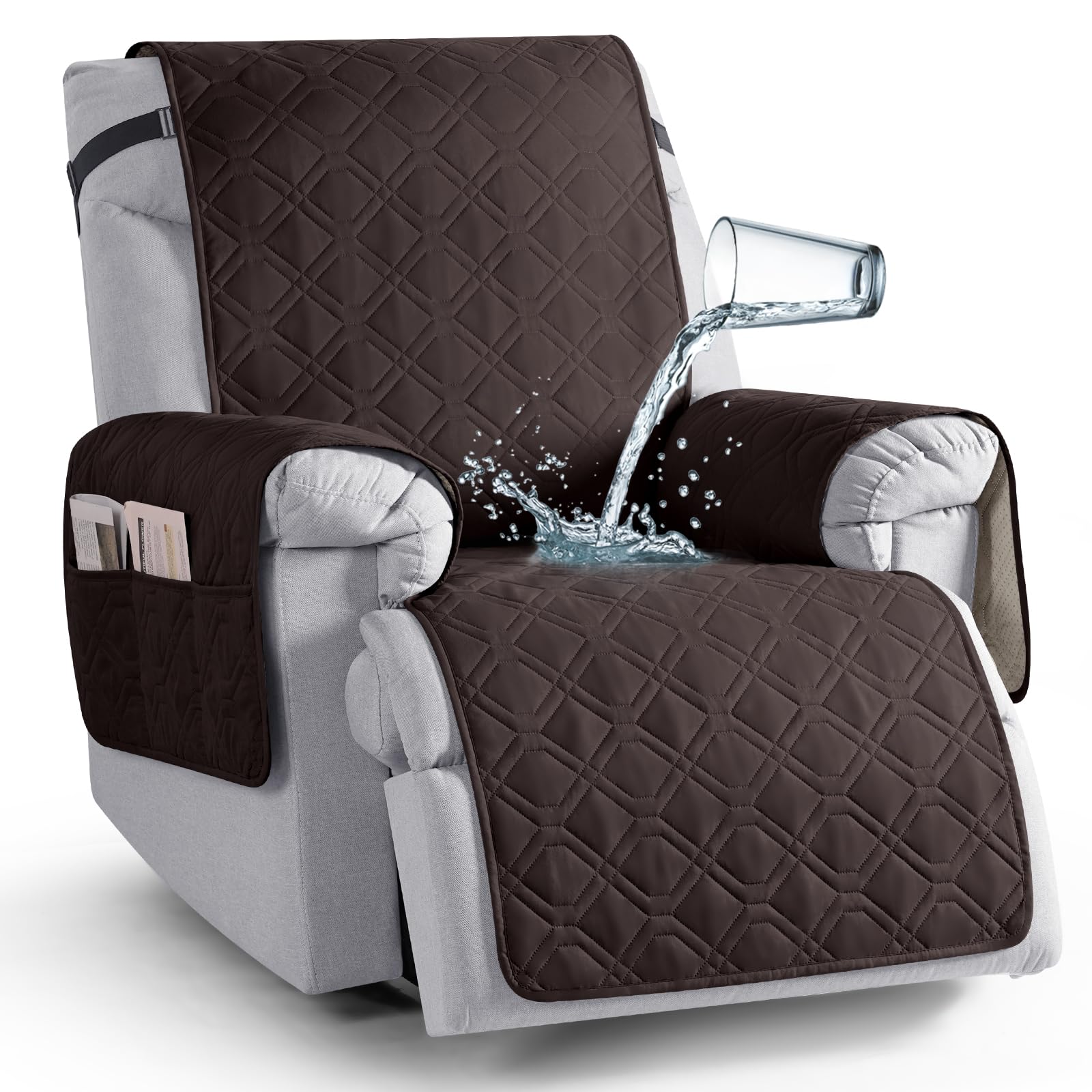 TAOCOCO Armchair Cover,1 Seater Sofa Cover Recliner,Waterproof Arm Chair Covers,Recliner Chair Protectors with Pockets,Washable Recliner Sofa Slipcovers,Non Slip Reclining Sofa Covers(25", Chocolate)