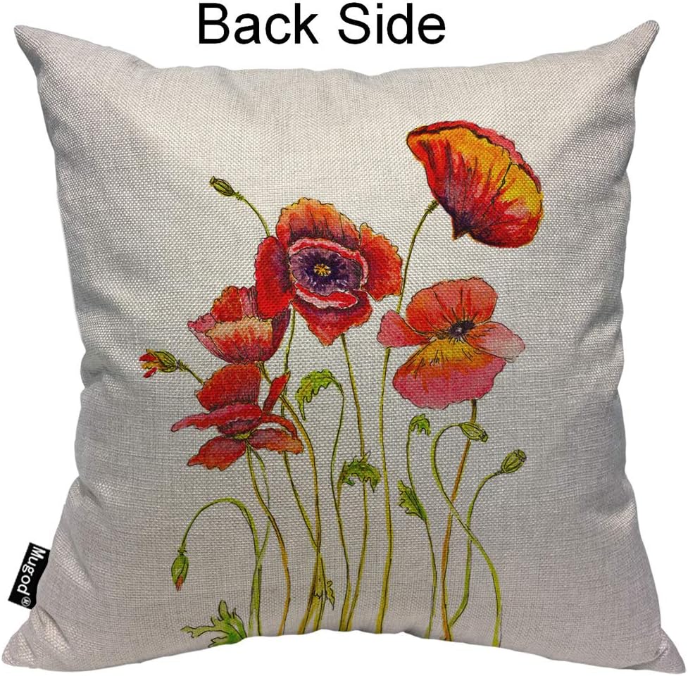 Amazon Com Mugod Poppies Pillow Cover Watercolor Poppy Flower Floral Stem Nature Orange Red Green Decorative Throw Pillow Cases Cotton Linen Indoor Square Cushion Covers 18x18 Inch For Home Sofa Couch Home