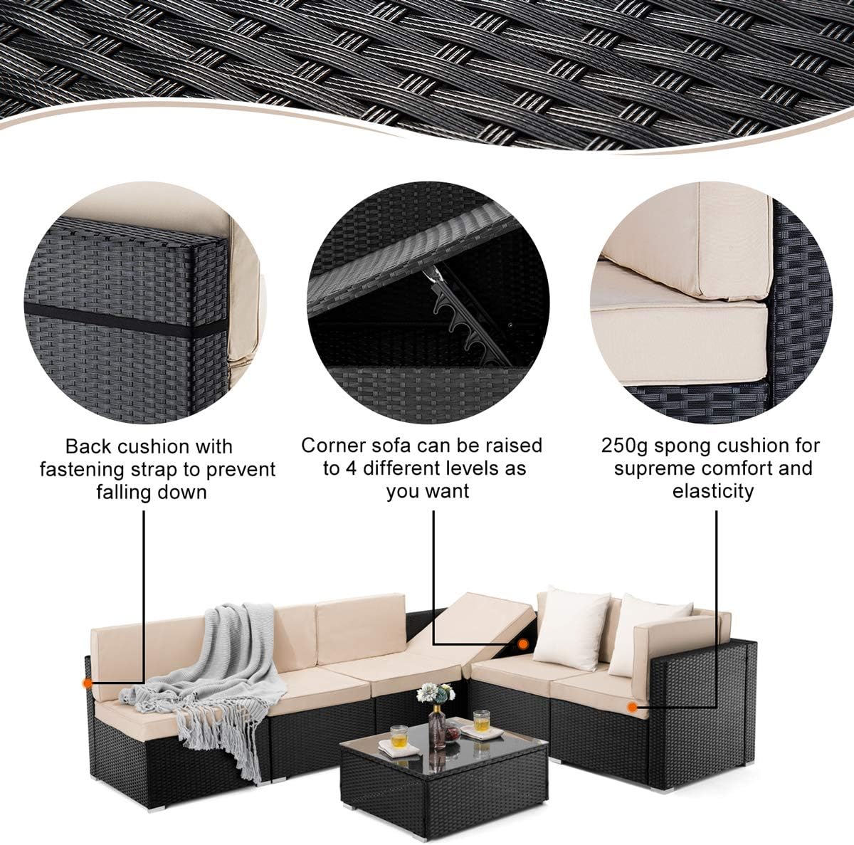 PAMAPIC 7 Pieces Patio Furniture，Outdoor Rattan Sectional Sofa Conversation Set with Tea Table and Washable Cushions, Beige: Garden & Outdoor