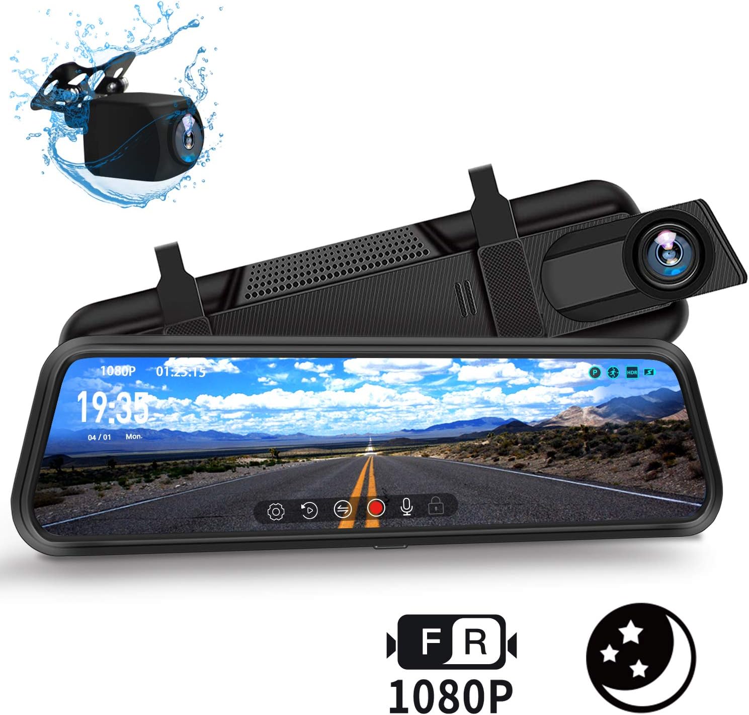 DuDuBell Mirror Dash Cam, 10" Backup Camera with Reverse Assistance, 1080P Front and Rear Cameras with Enhanced Night Vision, IPS Full Touch Screen Wide Angel HDR+