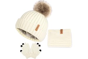Hicdaw Kids Winter Hats Gloves Scarf Set Touchscreen Glove With Removable Pompom Fleece Lined Toddler Beanie Hat for Boy Girl