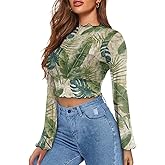Jndtueit 70s Womens Bell Sleeve Top Floral Tops for Women Mock Neck Flare Tops Sheer Mesh Long Sleeve Top Ruffle Shirts