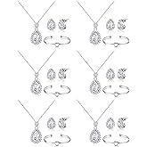 Fumete 6 Sets Wedding Bridesmaid Jewelry Set Gift for Women Silver Rhinestone Drops Necklace Earrings Bracelet for Bridesmaid Bridal Party