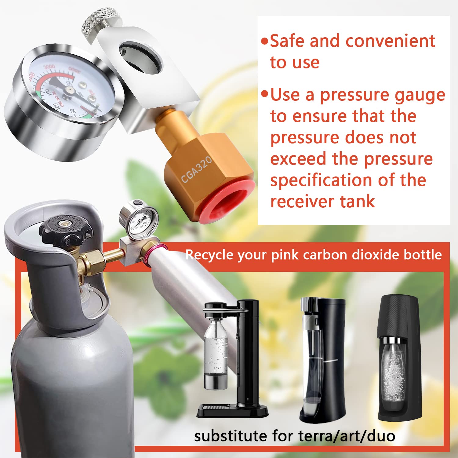 CO2 Refill Adapter for Soda, Filling Adapter with Pressure Gauge and Pressure Relief Valve, Stream Refill for Soda DUO/Terra/Art Maker CO2 Cylinder (1)